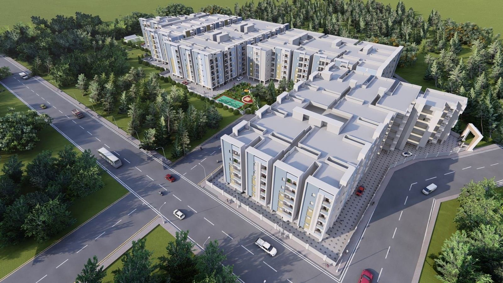 Aerial CGI render of the finished Fortune Towers community by daylight: two clusters of Stilt+5 apartment blocks in cream and blue-grey with terraced facades, surrounded by dense landscaped greenery, a children's play area and pool visible in a central courtyard, internal roads, and a compound wall with a gated entrance arch, set beside two intersecting public roads.