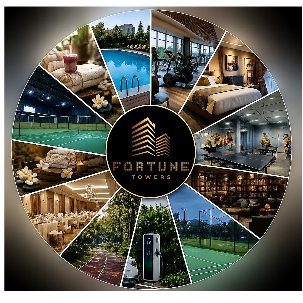 A circular marketing collage of amenity photographs arranged like pie-chart wedges around a central "Fortune Towers" logo: a swimming pool, a gym, a furnished guest bedroom, a table-tennis room, a library lounge, a banquet hall, a jogging track, an EV charging point, a tennis/box-cricket court, a spa setup and towels.