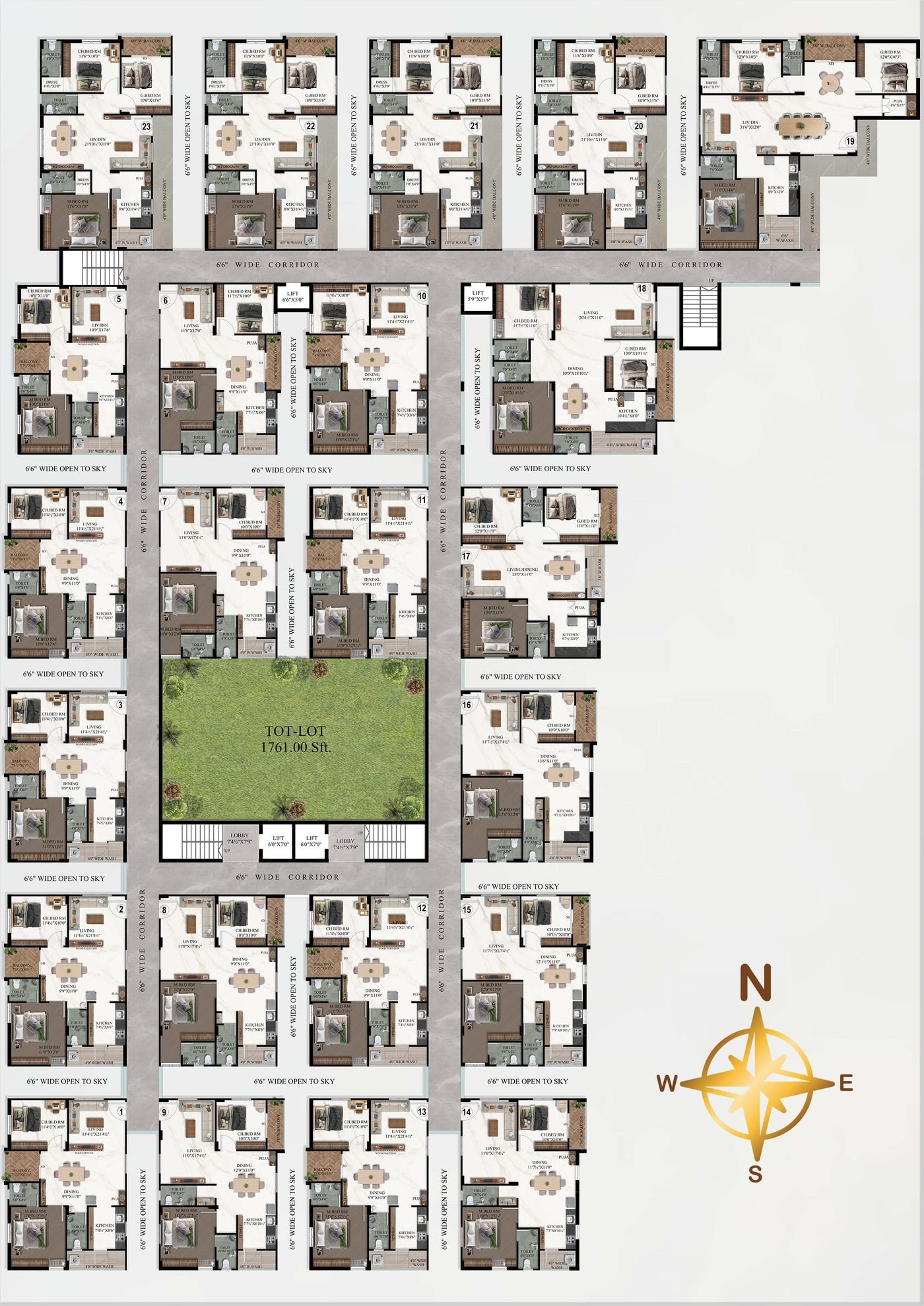 The developer's architect floor-plan drawing for Tower A, flats 1–23: individual unit layouts showing bedroom, living/dining, kitchen, toilet and balcony arrangements around a central landscaped courtyard ('TOT-LOT', 1,761 sq.ft) with two lifts, stairwells and 6'6" wide corridors.
