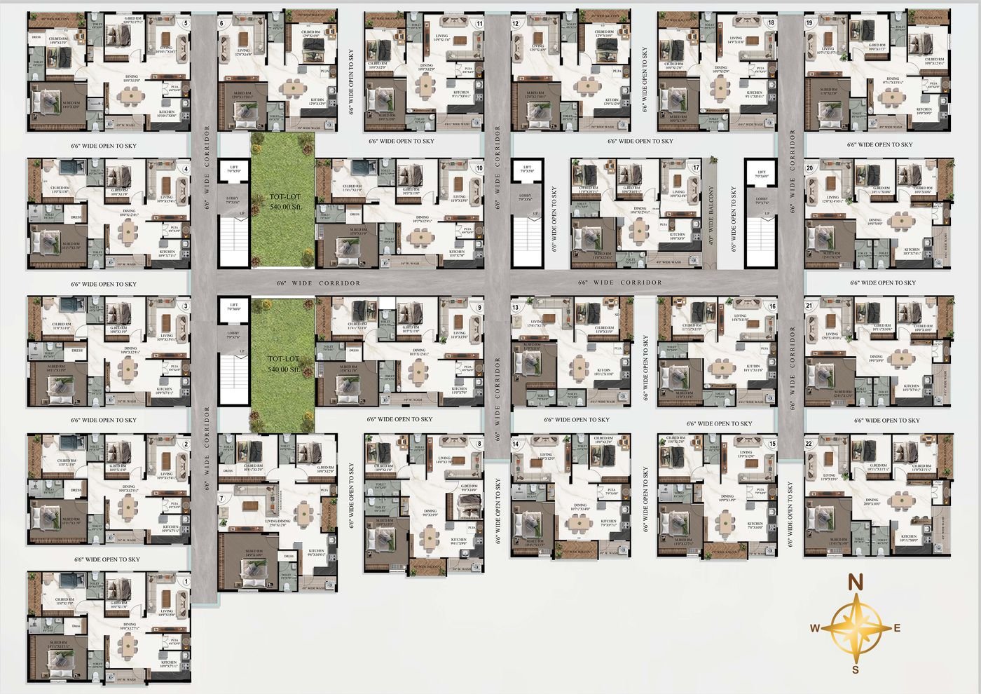 The developer's architect floor-plan drawing for Tower B: individual unit layouts around a central landscaped courtyard, with lift, stairwell and corridor arrangement per floor.