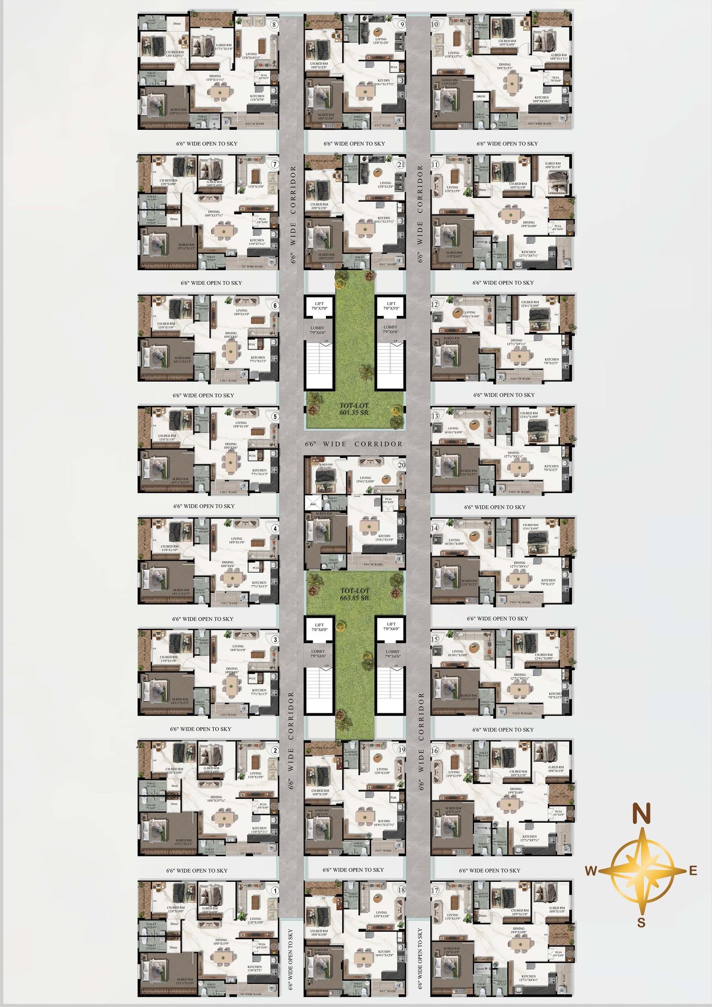 The developer's architect floor-plan drawing for Tower C: individual unit layouts around a central landscaped courtyard, with lift, stairwell and corridor arrangement per floor.