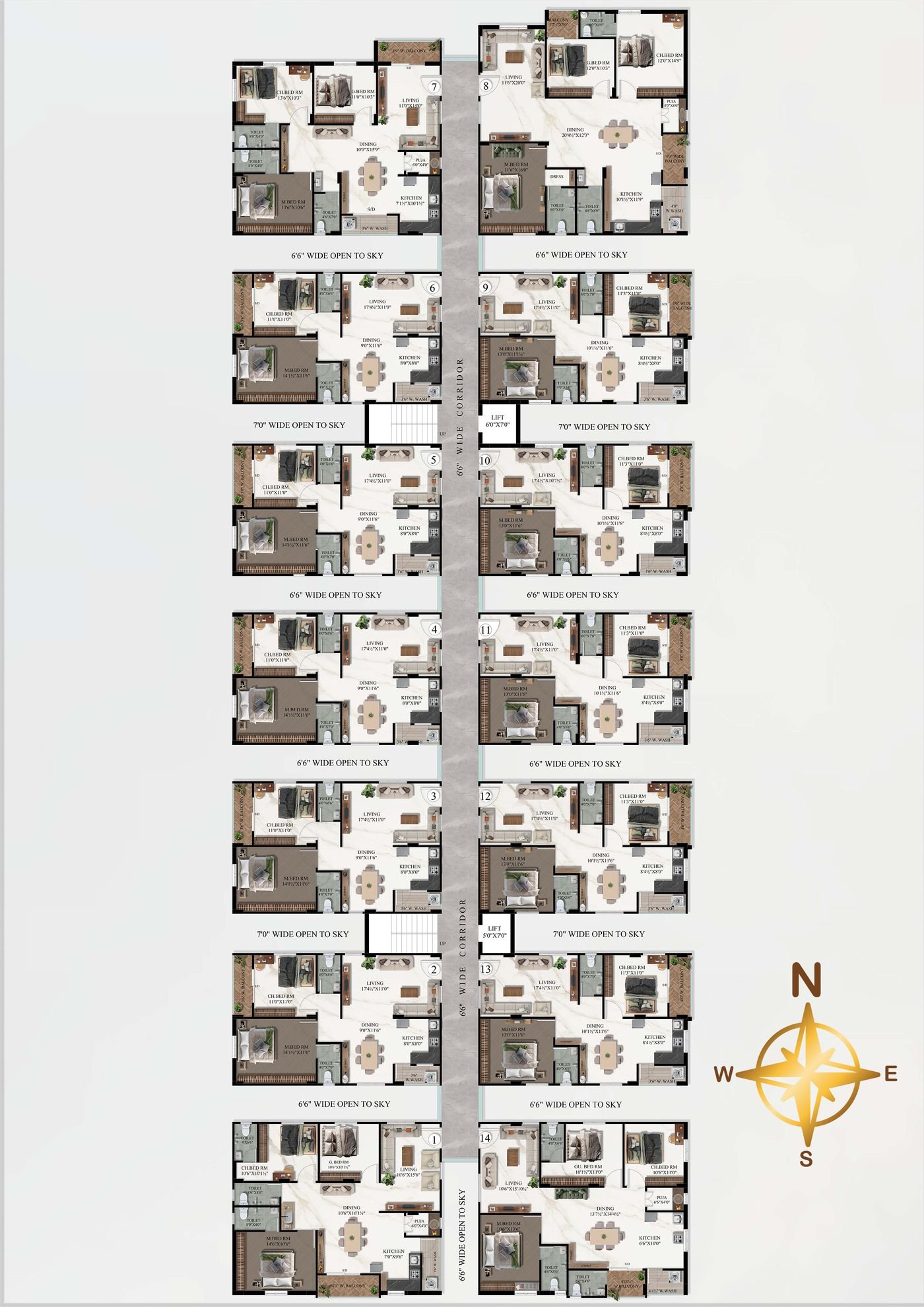 The developer's architect floor-plan drawing for Tower D: individual unit layouts around a central landscaped courtyard, with lift, stairwell and corridor arrangement per floor.