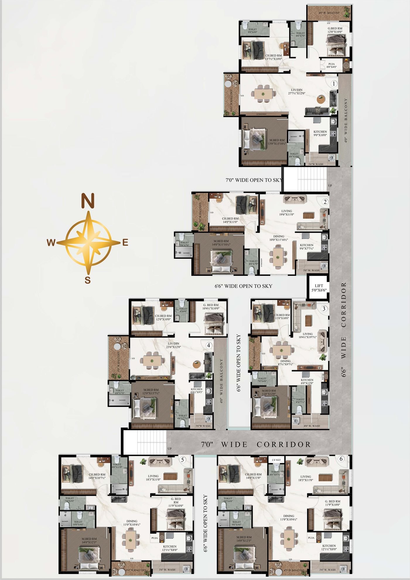 The developer's architect floor-plan drawing for Tower E: individual unit layouts around a central landscaped courtyard, with lift, stairwell and corridor arrangement per floor.