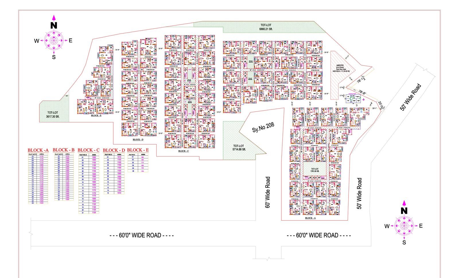 The developer's architectural site layout plan for Fortune Towers: five apartment blocks (A–E) arranged around three landscaped "TOT-LOT" open spaces and a central amenities block, bounded by 50'–60' wide internal roads, survey number Sy.No 208 marked on an adjoining plot, with a per-block table of flat numbers and areas for Blocks A–E and a north-point compass.