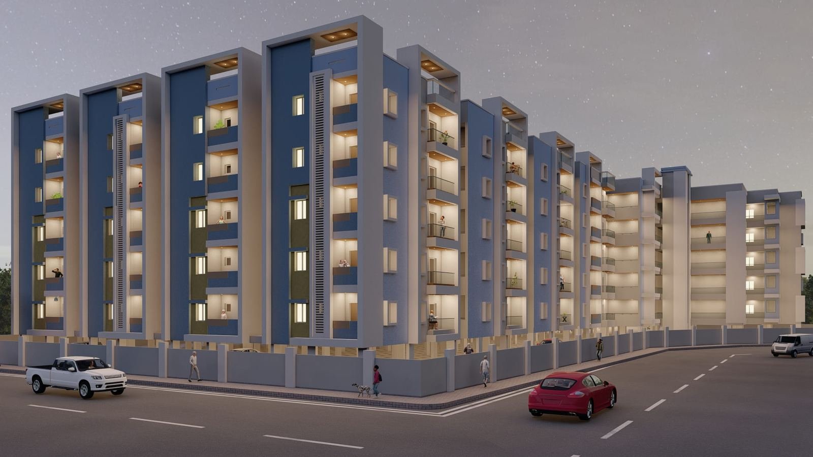 CGI render of a finished apartment tower block at dusk/night: a Stilt+5 building with blue and cream facade panels, lit balconies with people visible on several floors, ground-level parking under stilts, a compound wall, and two cars and pedestrians with a dog on the street in front.