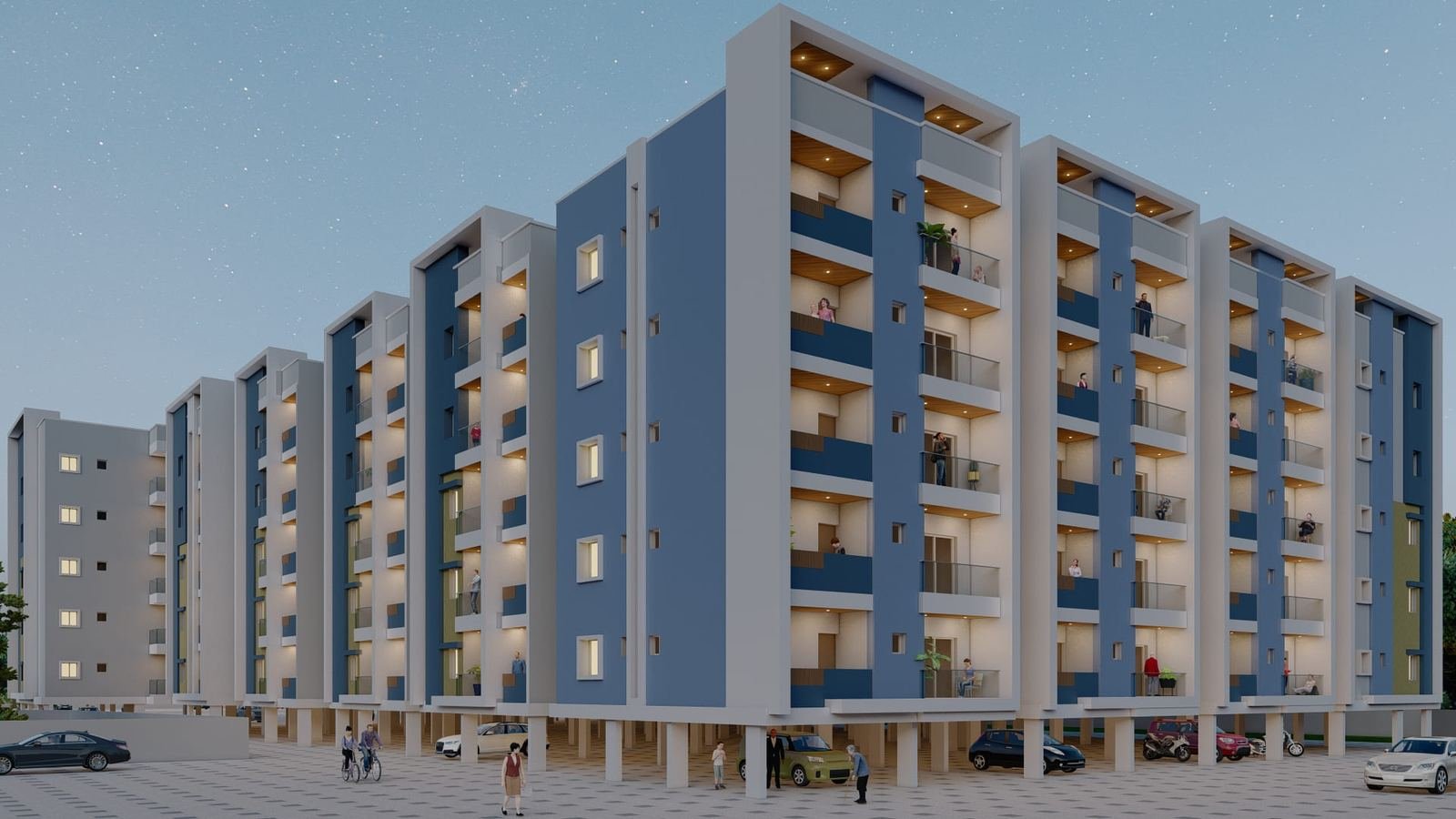 CGI render of a row of six-plus Stilt+5 apartment blocks at dusk in blue-grey and cream, lit balconies with figures, stilt parking with several cars, cyclists and pedestrians on the street in front.