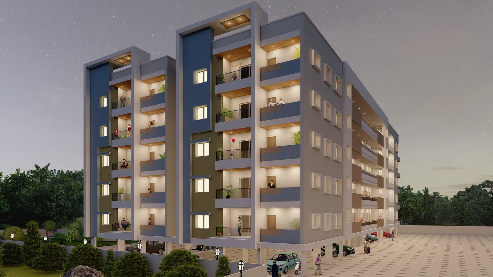 CGI render of a row of finished Stilt+5 apartment blocks at dusk, cream and blue-grey facades with lit balconies and figures on several floors, ground-level stilt parking, a compound wall and street lamps in the foreground.